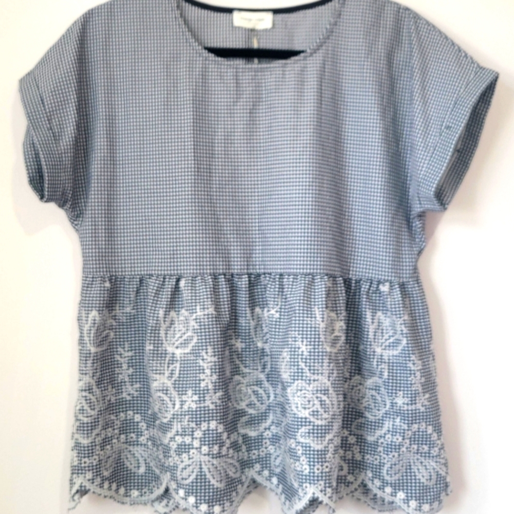 ORANGE CREEK CHICO WOMEN'S BLUE GINGHAM PEPLUM BABYDOLL STYLE EMBROIDERED